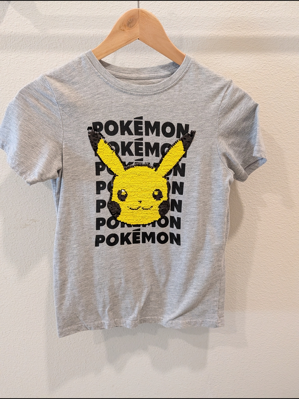 Pokemon Gray Tee with Yellow Pikachu Sequin Graphic